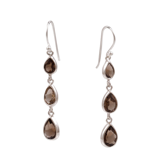 Sterling Silver 3 Drop Smokey Quartz Earrings