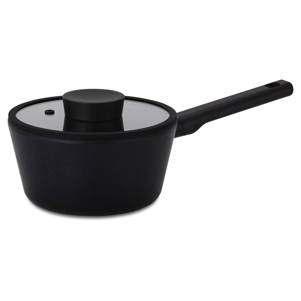 Neoflam Vulcan 18cm Black Saucepan with Silicone Rim Glass Lid Induction