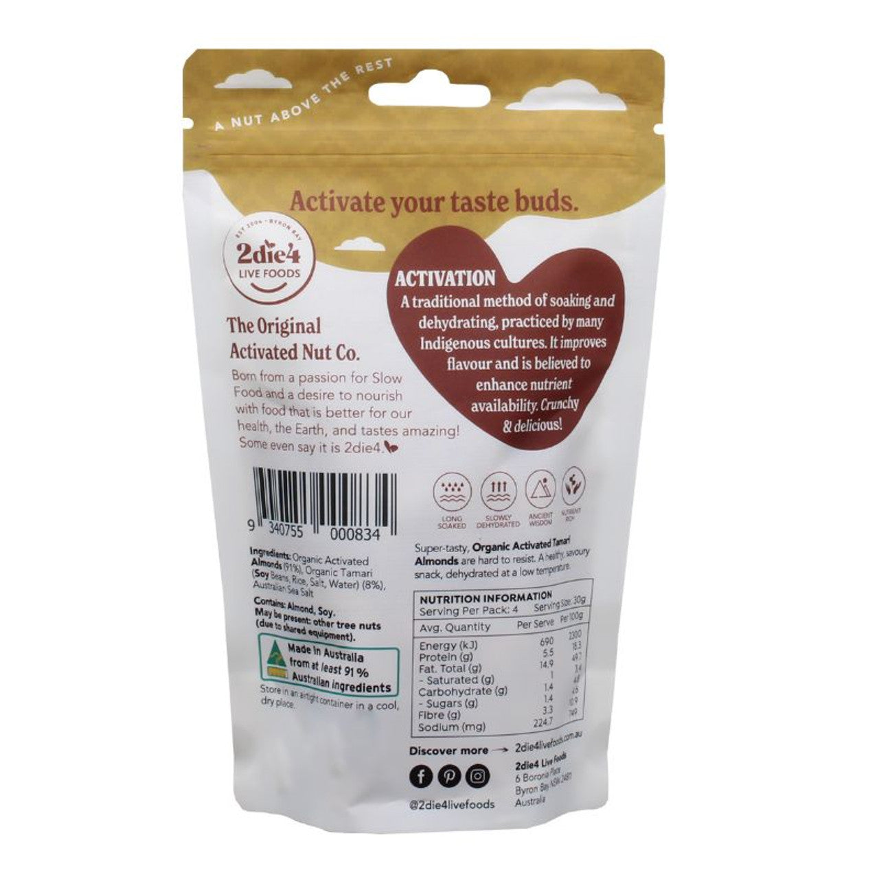 2Die4 Organic Activated Tamari Almonds 120g